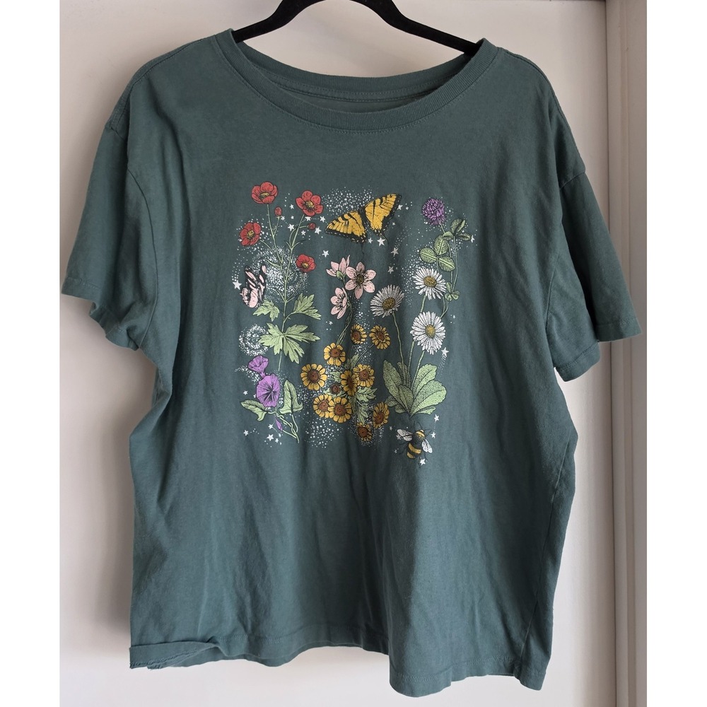 Doe Women Floral Cotton T-Shirt Size 2X Dark Green Short Sleeve Casual Tee